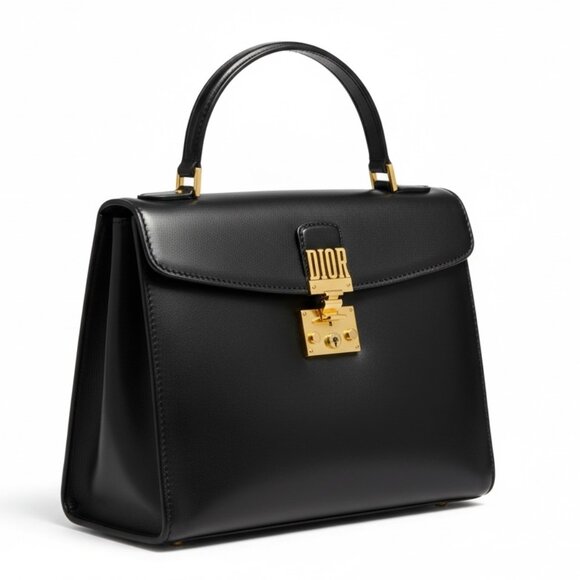 Vintage Christian Dior Black Leather Top Handle Bag – Lock & Key, Made in France - Picture 1 of 14